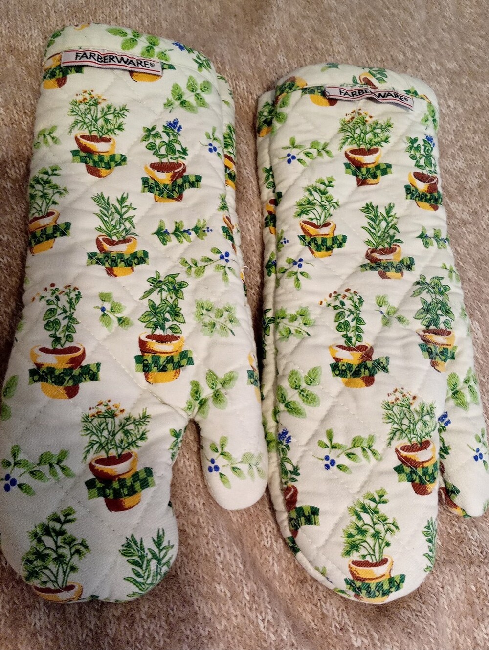 VINTAGE BOTANICAL9 FARBERWARE HERBS PLANTS OVEN MITT SET POTHOLDERS KITCHEN TOOL